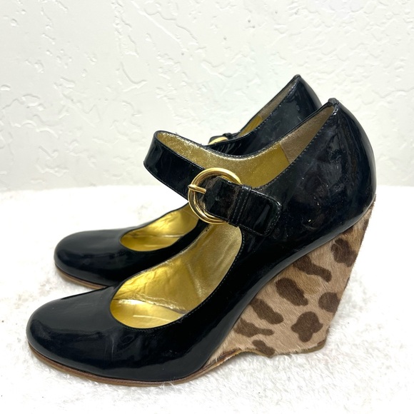 Giuseppe Zanotti Black Patent Leather Leopard Mary Jane Wedge Pumps Size 7.5 - Picture 5 of 16
